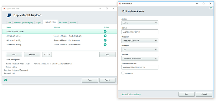 Screenshot showing the 'Application rules' window with the 'Network rules' tab selected and besides the opened 'Network rule' window for adding/editing the required rule for Duplicati to work. The settings for the latter window are: Set action to "Allow". Set "Name" to an arbitrary name of your choice, this only identifies the rule within the Kaspersky GUI. Set "Direction" to "Inbound/Outbound". Set "Protocol" to "All". Set "Adress" to "Addresses from the list". Set "Remote addresses" to "localhost,127.0.0.1/32,::1/128". You can leave "Log events" unchecked.
