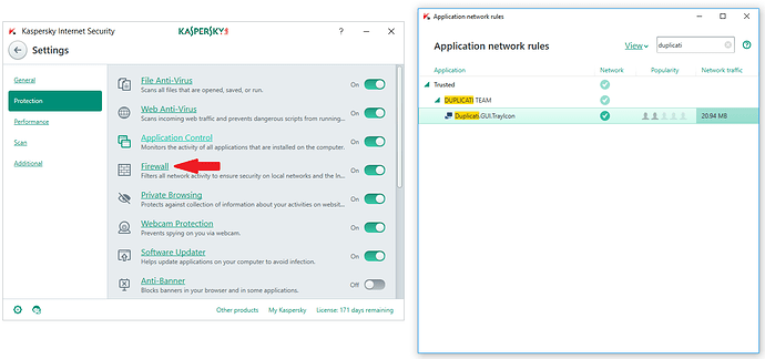 Screenshot showing the 'Settings' and 'Application network rules' windows as described in the instructions above.