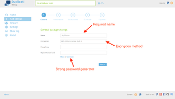 On the initial page, you can choose a name and encryption details. Click the Generate link to generate a strong passphrase to protect your data.