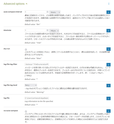 Duplicati individual backup options (in Japanese)