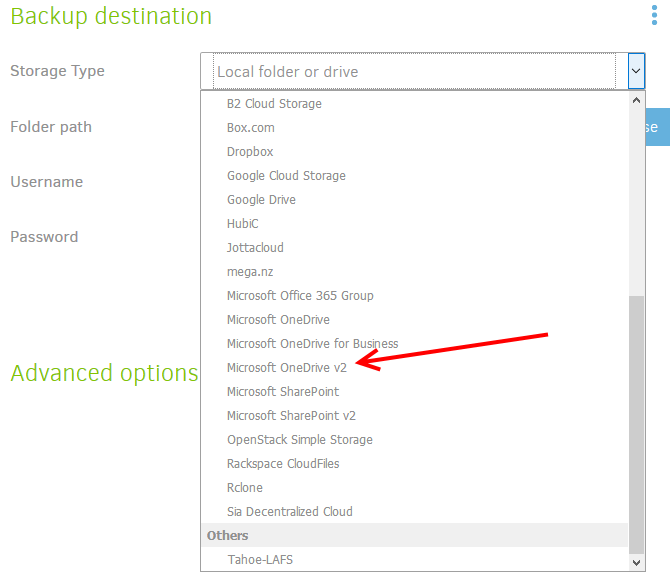 Microsoft OneDrive v2 Storage type