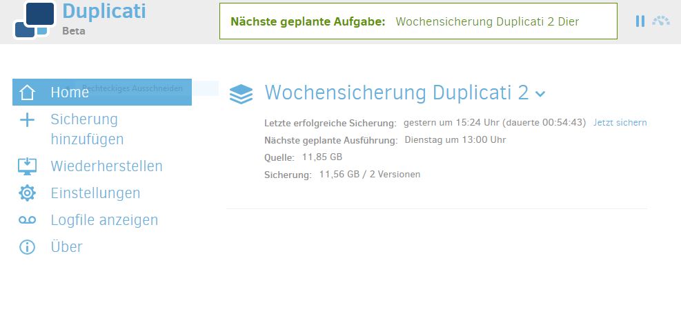 Duplicati 2 Homescreen German
